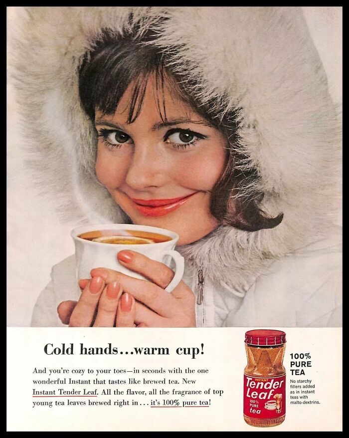 Vintage American ad featuring a smiling woman in a fur hood holding a warm cup of tea in a winter setting.
