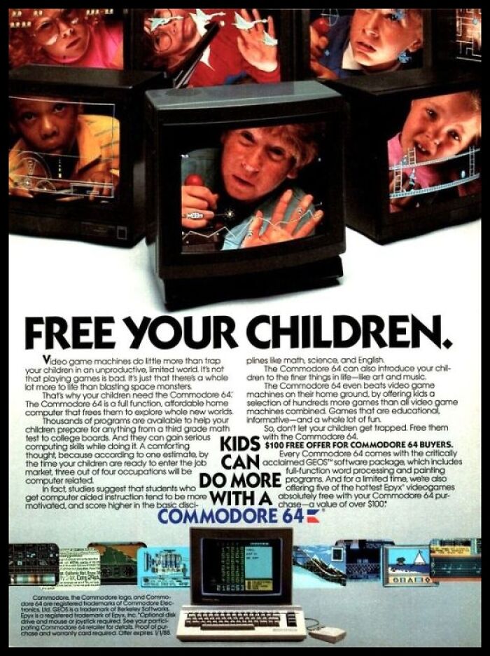 Vintage American ads featuring children and the Commodore 64, highlighting educational and gaming benefits of classic technology.