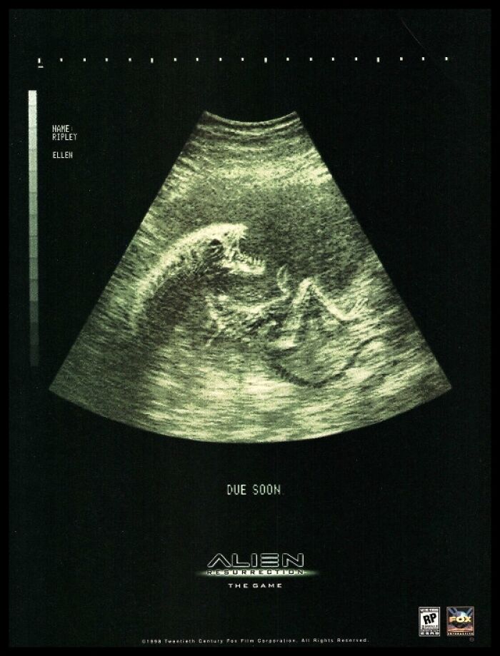 Ultrasound image in a vintage American ad showing a creature fetus with the theme of Alien Resurrection game promotion.