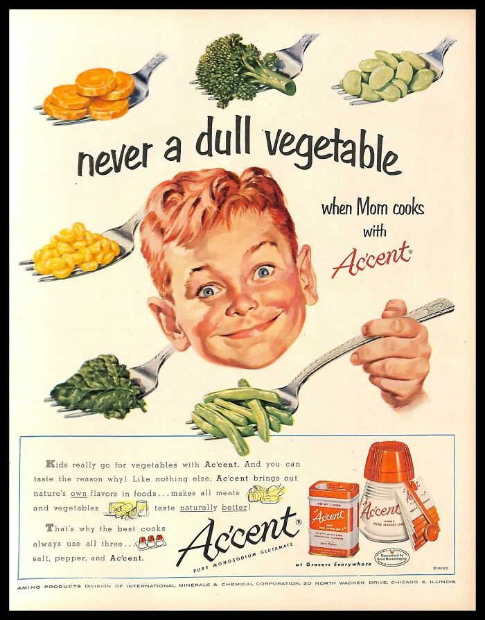 Vintage American ad showing a boy with colorful vegetables promoting Accent seasoning for better flavor in cooking.