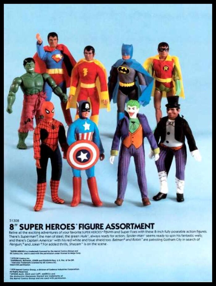 Vintage American ads featuring classic 8-inch superhero action figure assortment from iconic comic characters.
