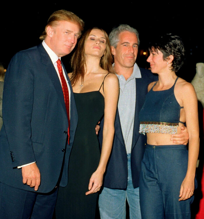 Donald Trump, Ghislaine Maxwell, Jeffrey Epstein, and another woman posing together at an event in formal attire. Donald Trump, Ghislaine Maxwell, Jeffrey Epstein, and another woman posing together at an event in formal attire.