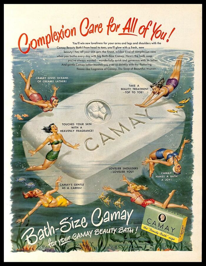 Vintage American ads showing women swimming around a large Camay soap bar promoting beauty and complexion care.