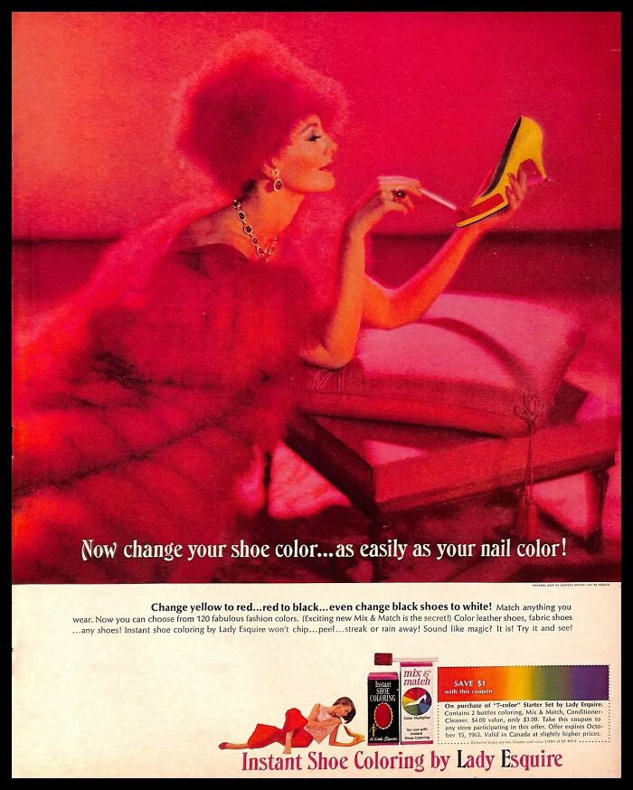 Vintage American ads showing a stylish woman demonstrating instant shoe coloring from the mid-20th century.