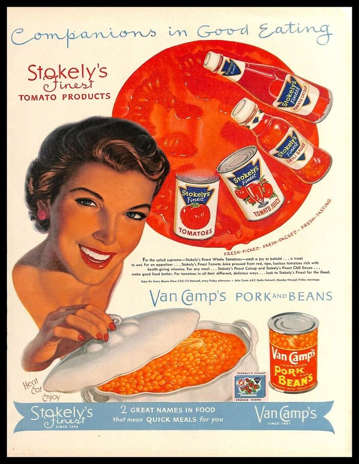 Vintage American ads featuring Stokely's tomato products and Van Camp's pork and beans promoting quick meals and good eating.