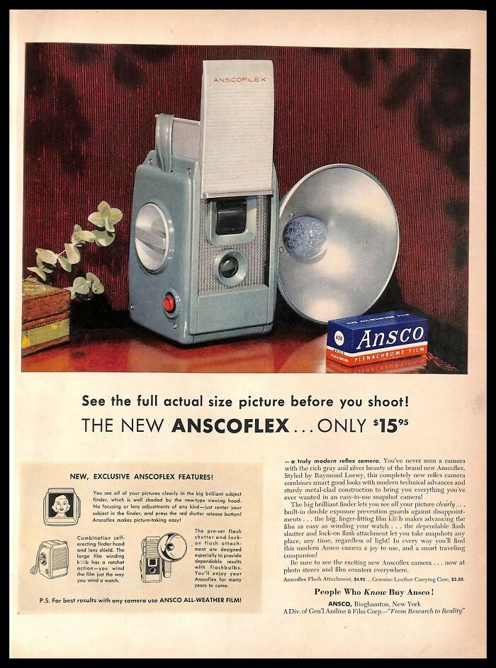 Vintage American ad showcasing the Anscoflex camera with features capturing what mattered most in photography back then.