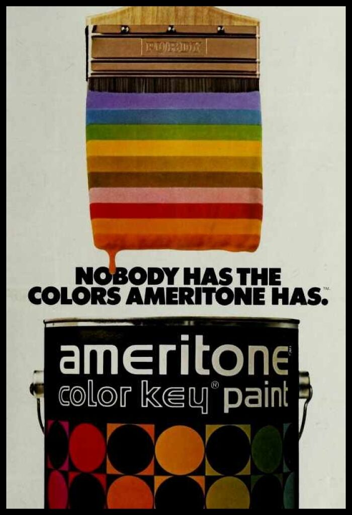Vintage American ad showing Ameritone color key paint can with a paintbrush dripping rainbow colors above it.