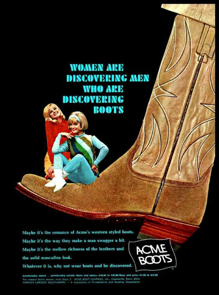 Vintage American ad showing two women sitting on a large leather boot promoting classic Acme boots style.