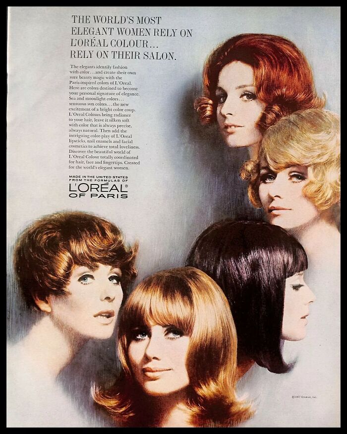 Vintage American ads featuring elegant women's hairstyles and L'Oreal hair color promoting classic beauty and fashion.