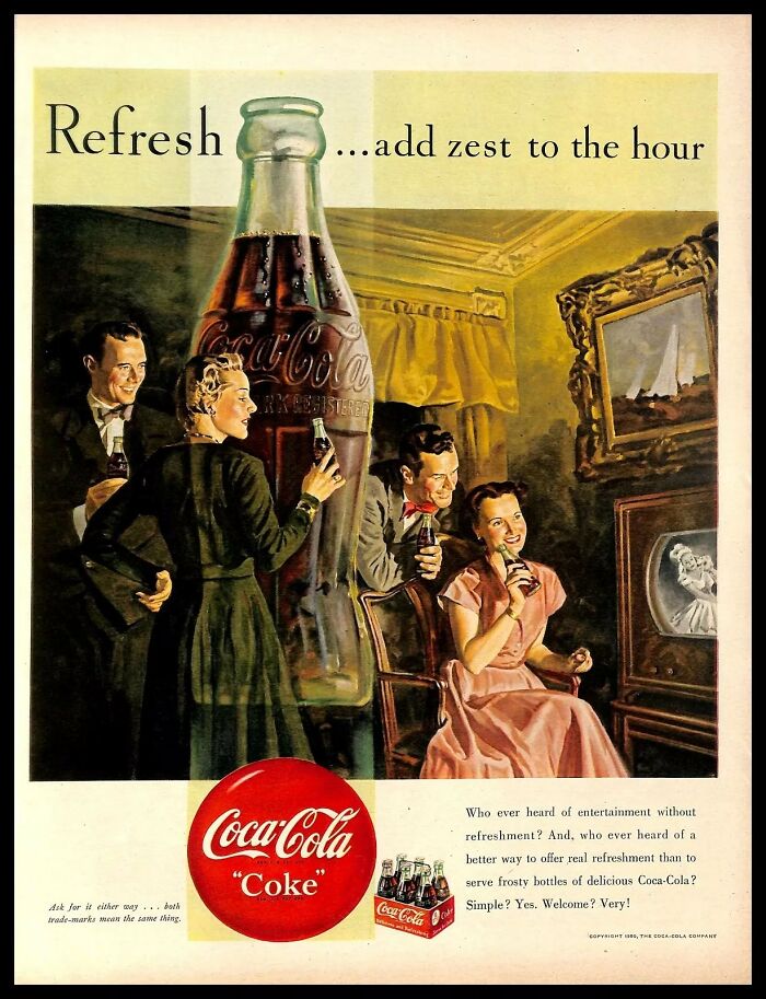 Vintage American ad showing a group enjoying Coca-Cola, capturing what mattered most in social refreshment moments back then