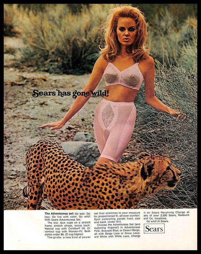 Vintage American ads featuring a woman in lingerie with a cheetah, capturing bold and wild themes from the era.
