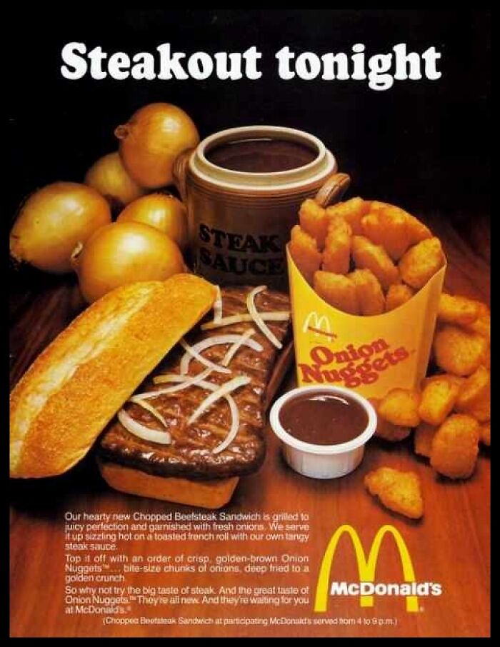 Vintage American ad featuring a McDonald's steak sandwich and onion nuggets with steak sauce and onions.