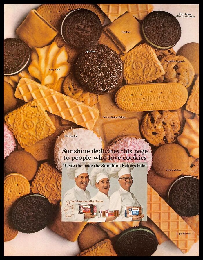 Vintage American ads featuring an assortment of classic Sunshine bakery cookies and treats from a nostalgic era.