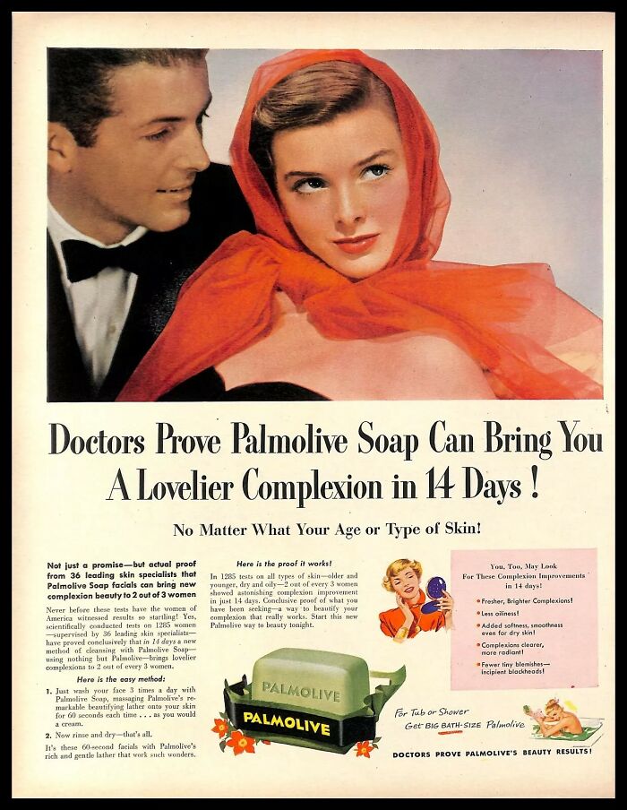 Vintage American ad featuring Palmolive soap promising a lovelier complexion with proven skincare benefits.