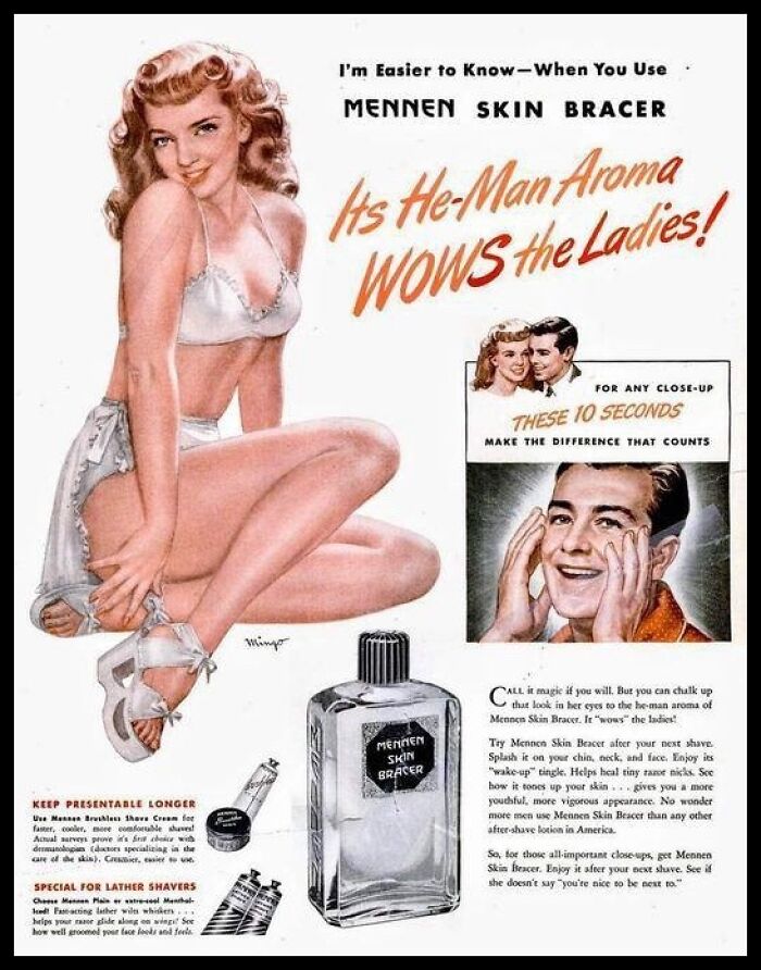 Vintage American ad for Mennen Skin Bracer featuring a pin-up girl and classic masculine grooming product.