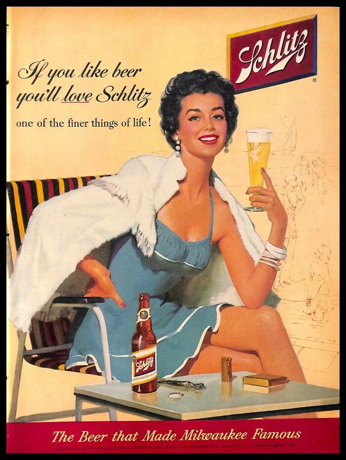 Vintage American ad featuring a woman enjoying Schlitz beer, showcasing classic lifestyle and advertising from the era.