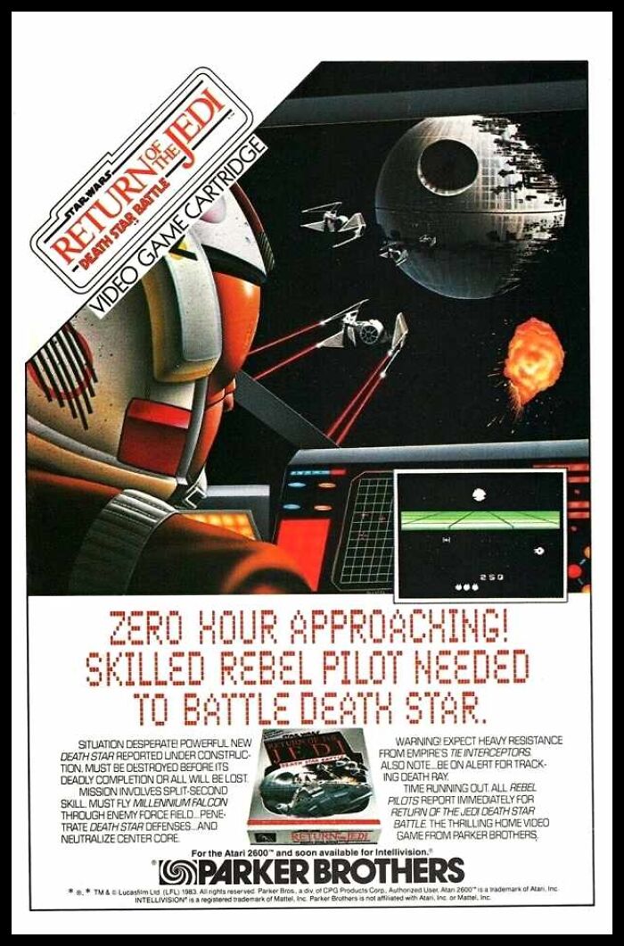 Vintage American ad for Return of the Jedi video game cartridge showing Rebel pilot battling Death Star.