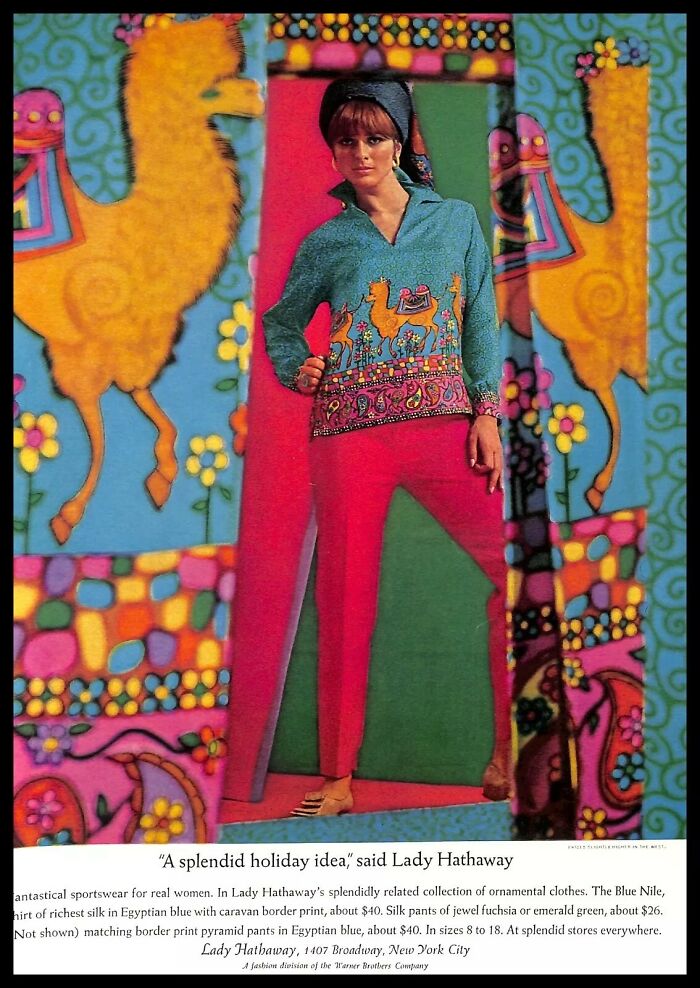 Vintage American ads featuring a woman in colorful caravan print clothing, capturing nostalgic fashion and design trends.