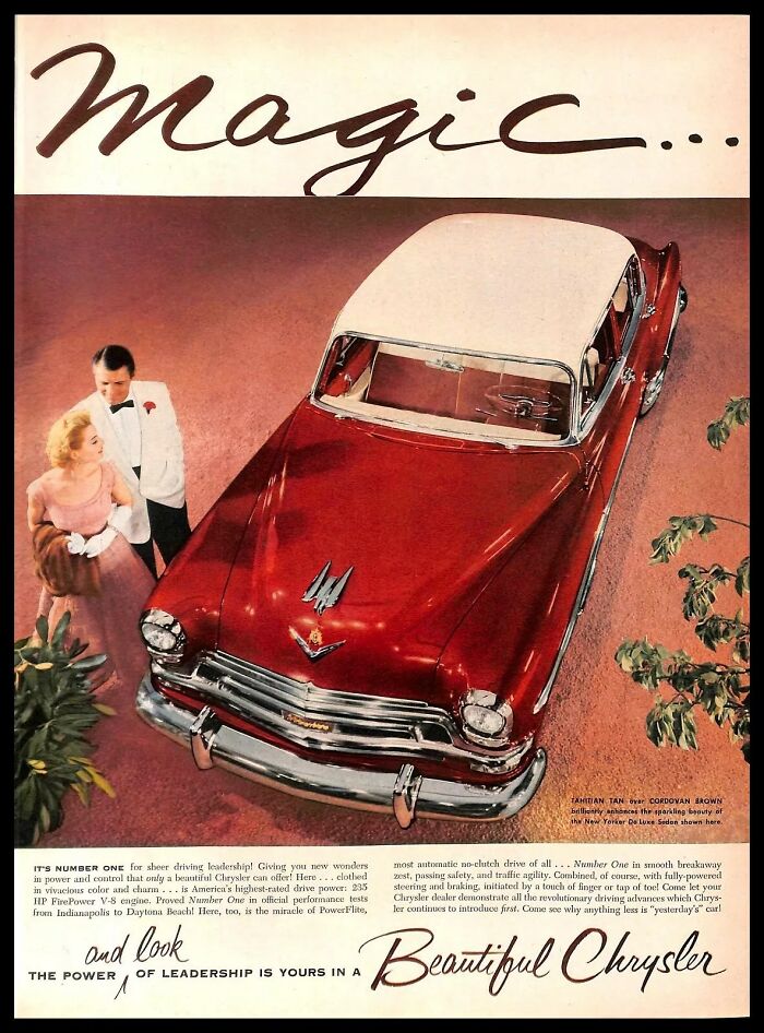 Vintage American ad featuring a classic red Chrysler car with a couple dressed for an elegant evening event.