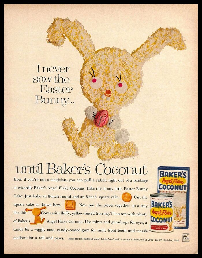 Vintage American ad showing a textured Easter Bunny made of Baker’s Coconut with product packaging beside it.