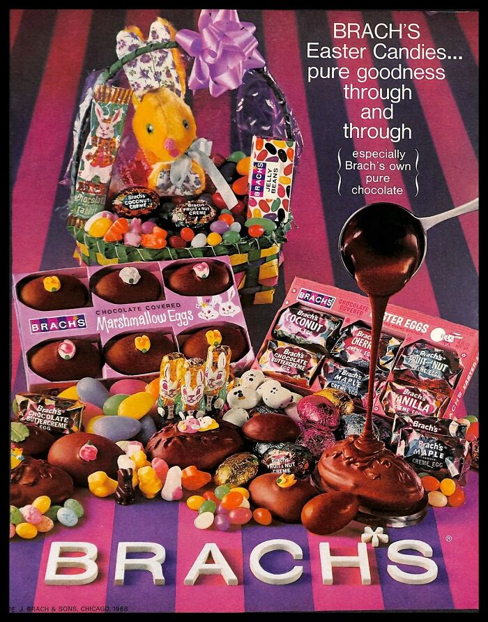 Vintage American ad featuring Brach's Easter candies with chocolate-covered treats and colorful Easter eggs in a festive basket.