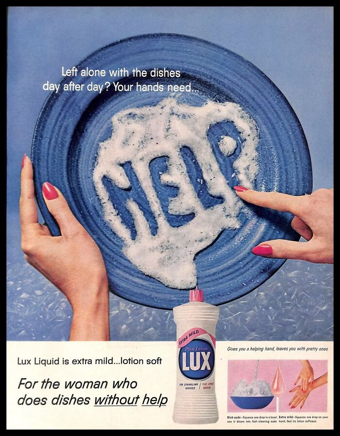 Vintage American ads showing a blue plate with soap suds spelling help, promoting dishwashing liquid for soft hands.