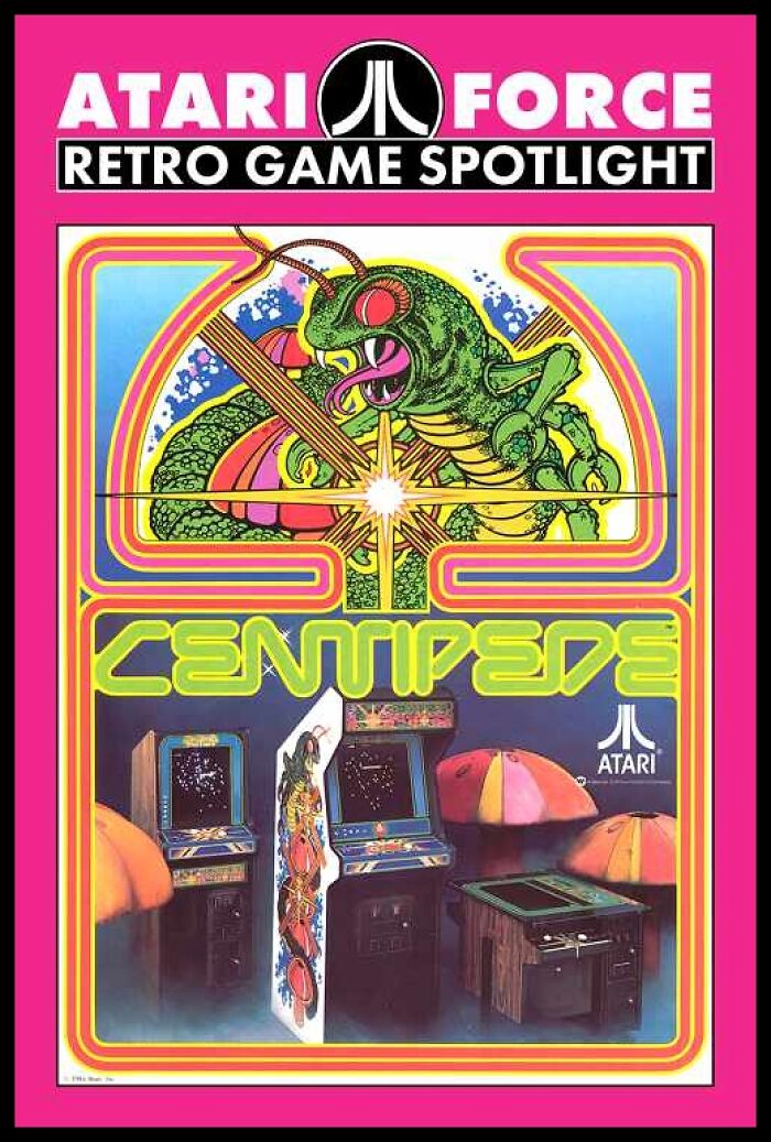 Vintage American ads retro Atari game Centipede arcade machines with colorful insect illustration and logo.