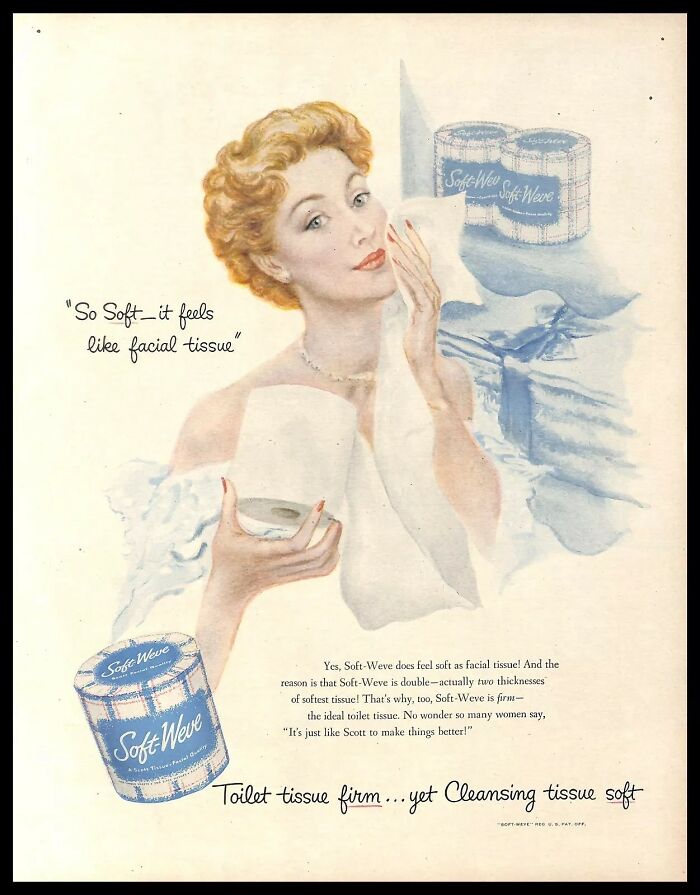 Vintage American ad showing a woman holding Soft-Weve toilet tissue, highlighting its softness and firm quality.