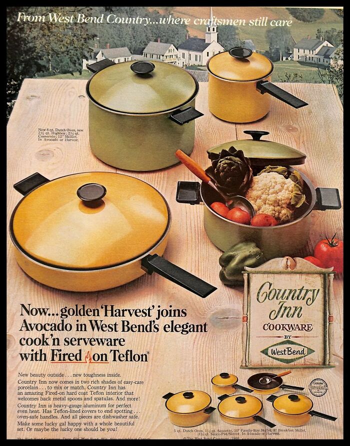 Vintage American ads featuring West Bend cookware in golden Harvest and Avocado colors on a wooden table.