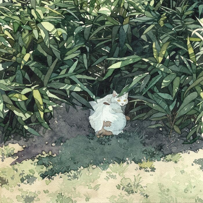 Watercolor painting of a white cat sitting quietly under dense green foliage in a dreamy, artistic style.