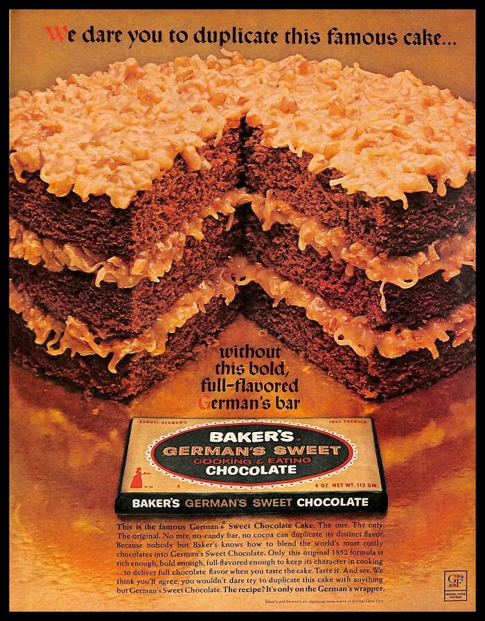 Vintage American ads featuring bold, full-flavored Baker’s German’s Sweet Chocolate highlighting classic cake recipes.