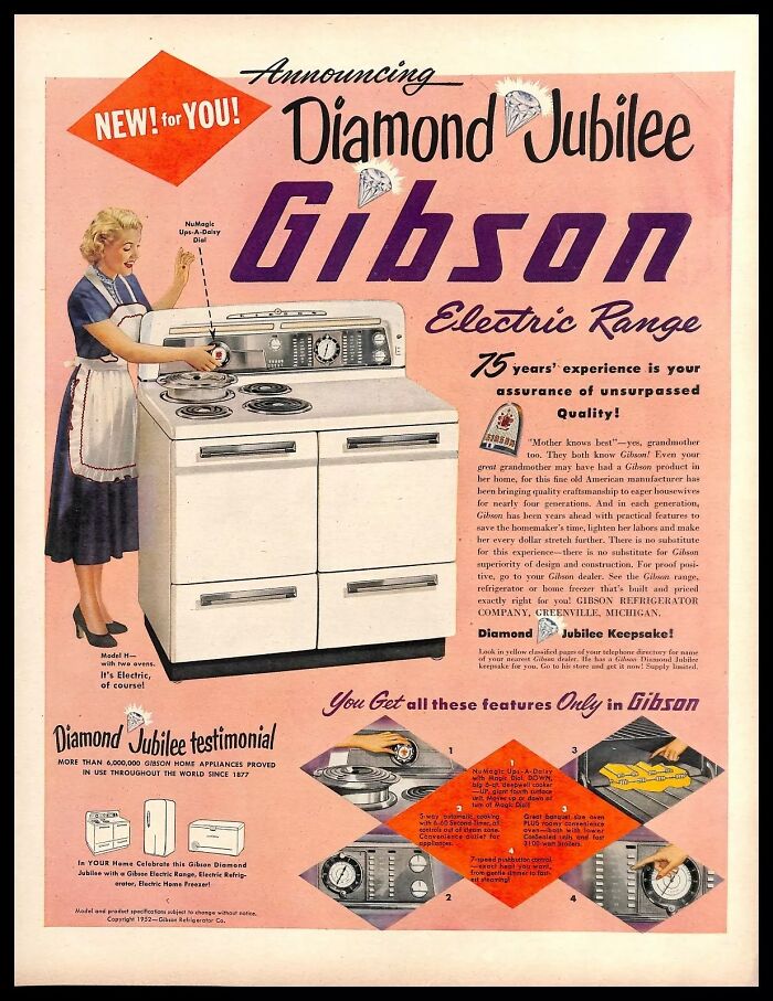 Vintage American ad showing a woman using a Gibson electric range with features from mid-20th century home appliances.