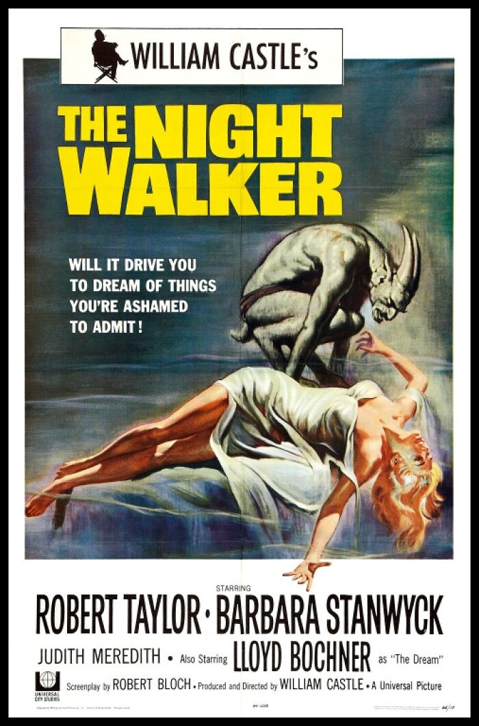 Vintage American ad for the movie The Night Walker showing a woman and a horned creature in dramatic pose.