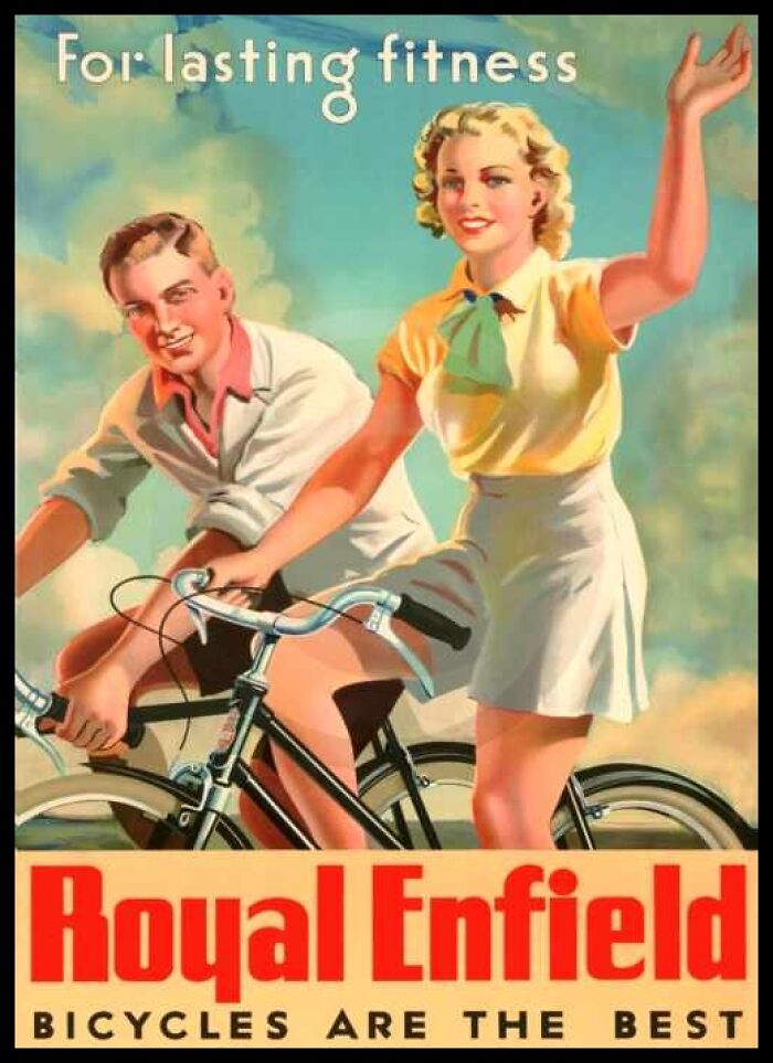 Vintage American ad showing a smiling man and woman riding a Royal Enfield bicycle promoting lasting fitness and health.