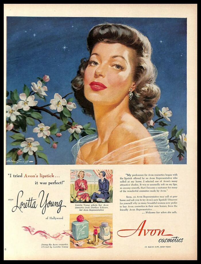 Vintage American ad featuring a glamorous woman promoting Avon cosmetics and lipstick in a classic 1950s style illustration.
