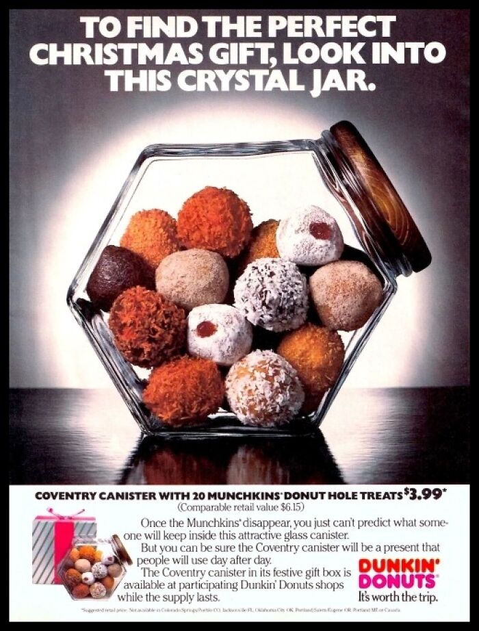 Vintage American ad showing a crystal jar of Dunkin' Donuts munchkins as a perfect Christmas gift idea.
