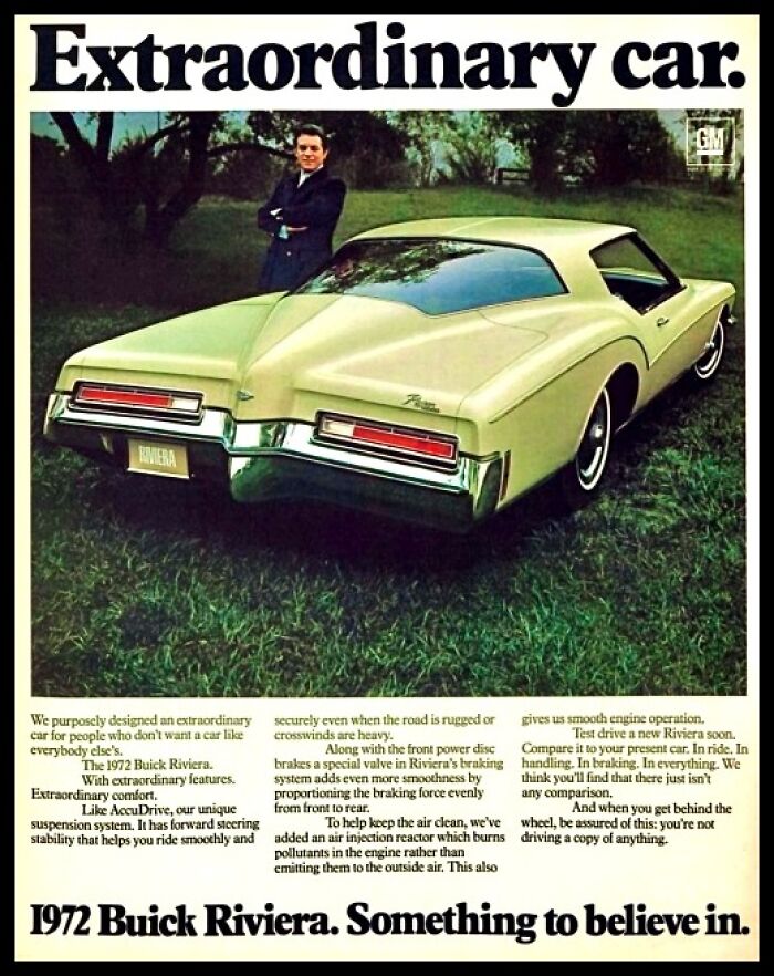 Vintage American ad featuring the 1972 Buick Riviera highlighting extraordinary car design and comfort.