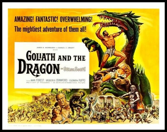 Vintage American ads featuring a dramatic movie poster with a dragon and heroic figures in bold colors.