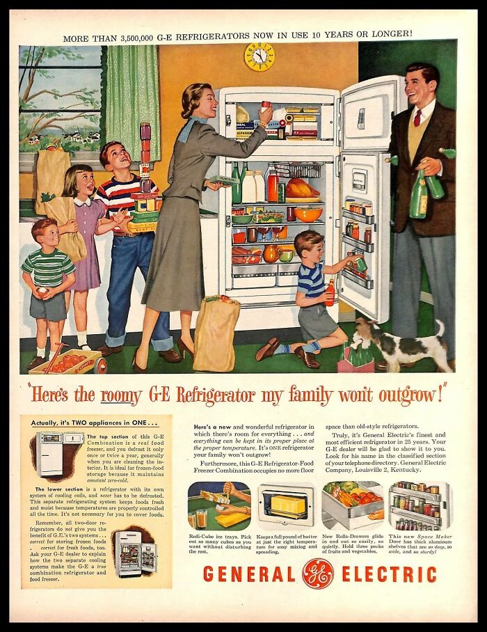 Vintage American ads showing a family using a roomy General Electric refrigerator in a 1950s kitchen setting.