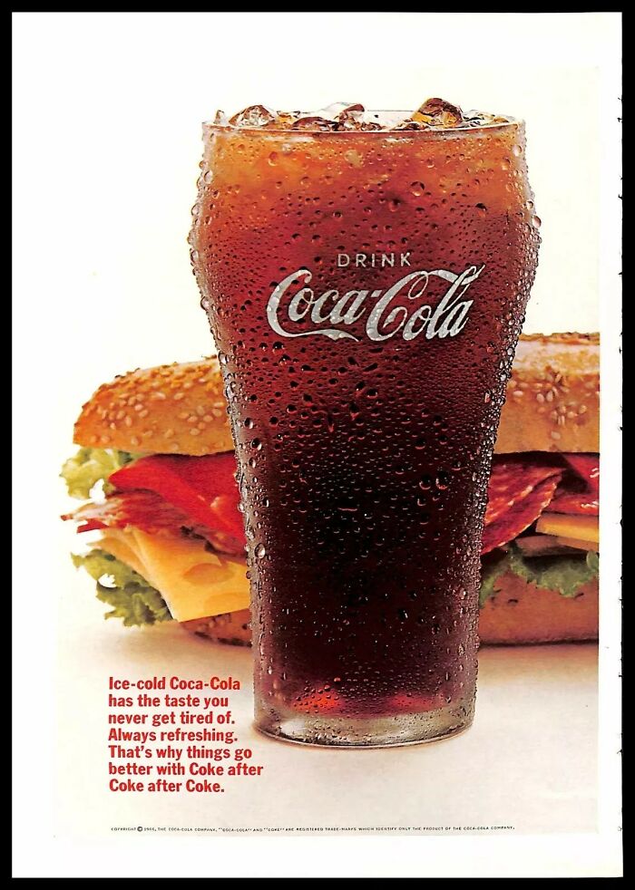 Vintage American ads featuring an ice-cold Coca-Cola glass with a sandwich, highlighting refreshing taste and classic appeal.