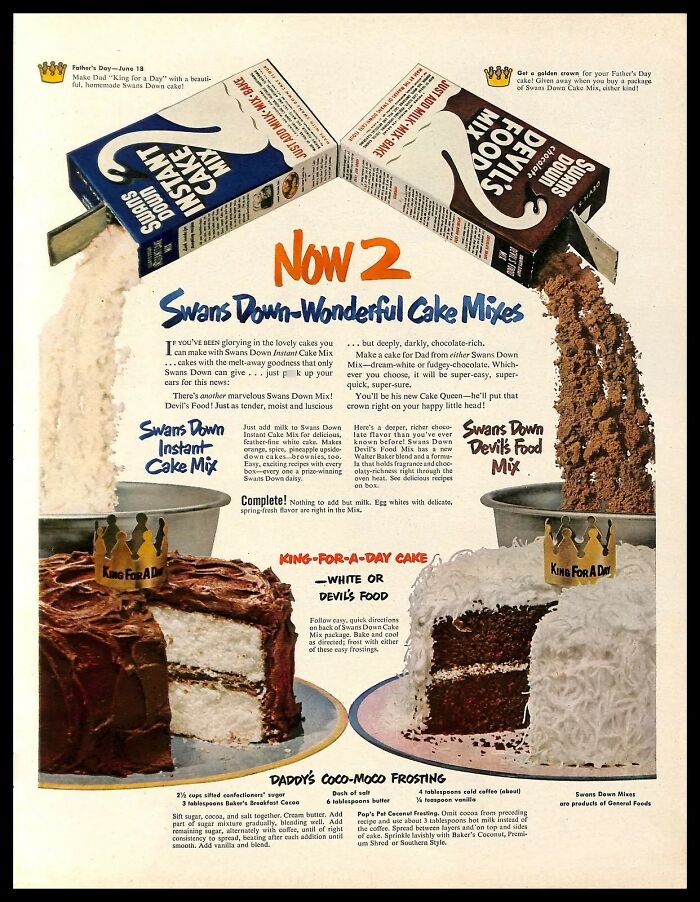 Vintage American ads showcasing Swans Down cake mixes with rich chocolate and classic frosting recipes.