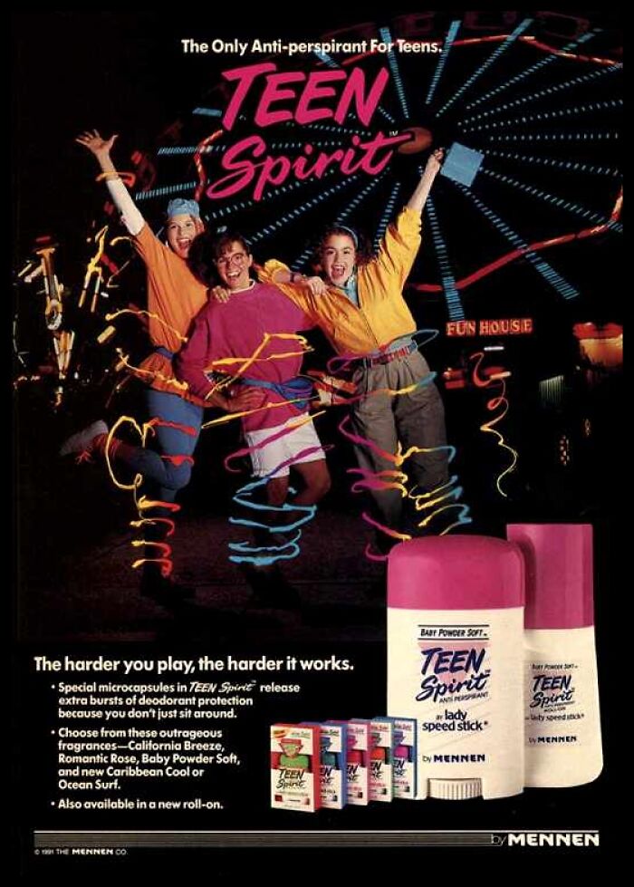 Vintage American ads featuring Teen Spirit deodorant with teens having fun at a carnival at night.
