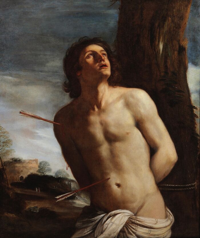 Painting of a man tied to a tree with arrows in his body, illustrating historical facts for today I learned conversations.