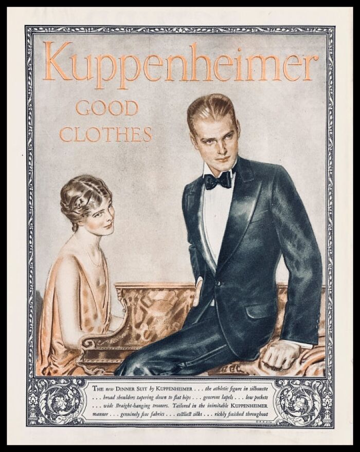 Vintage American ads featuring stylish 1920s fashion showcasing classic formalwear for men and women.