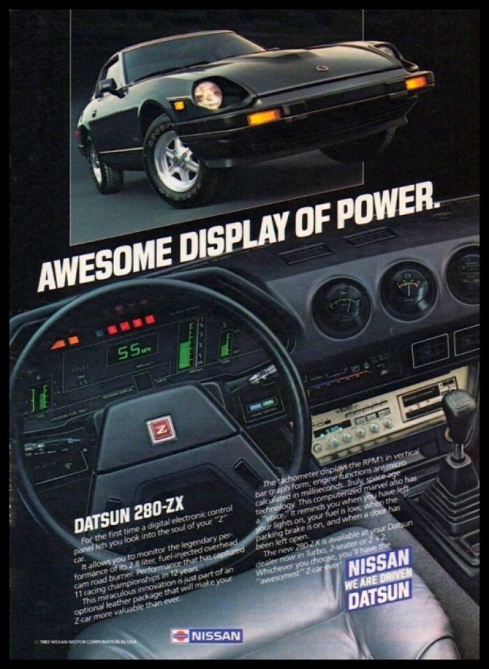 Vintage American ad featuring the Datsun 280-ZX car interior and exterior showcasing power and performance.