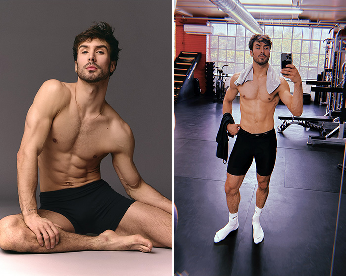 Shirtless 2026 Winter Olympics athlete posing in studio and taking gym selfie with towel around neck and black shorts