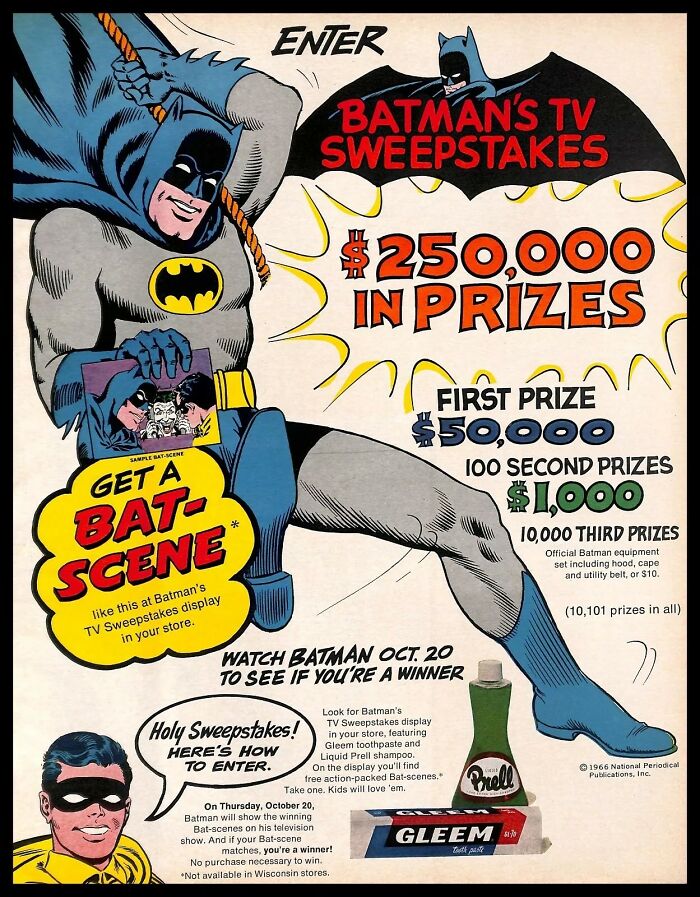 Vintage American ads featuring Batman TV sweepstakes and prizes, capturing what mattered most in classic promotions.
