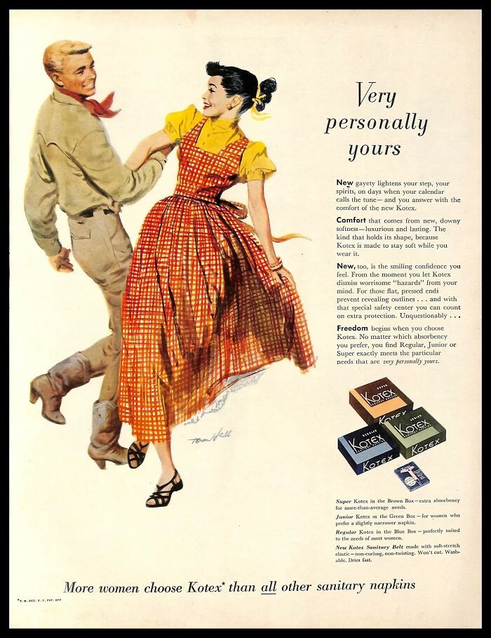 Vintage American ad showing a smiling couple dancing next to a Kotex sanitary napkins product display.