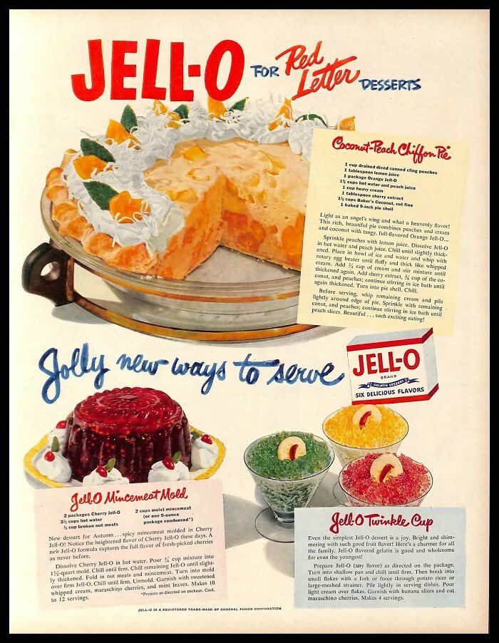 Vintage American ads featuring colorful JELL-O desserts and classic recipes showcasing what mattered most in the past.