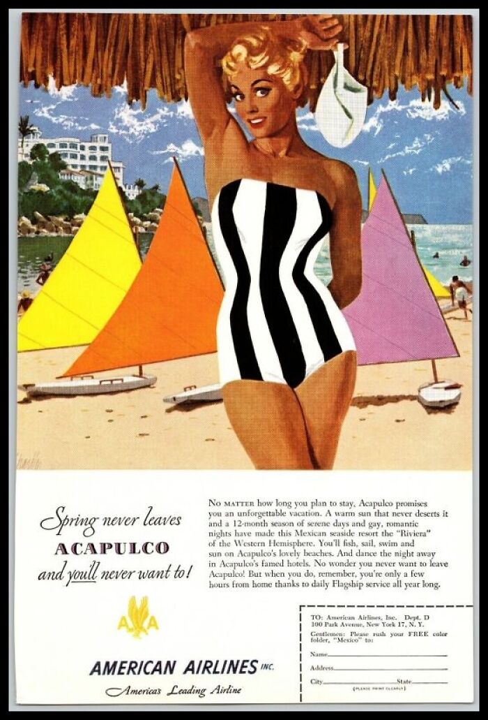 Vintage American ad showing woman in striped swimsuit on beach with colorful sailboats capturing vintage American ads charm.